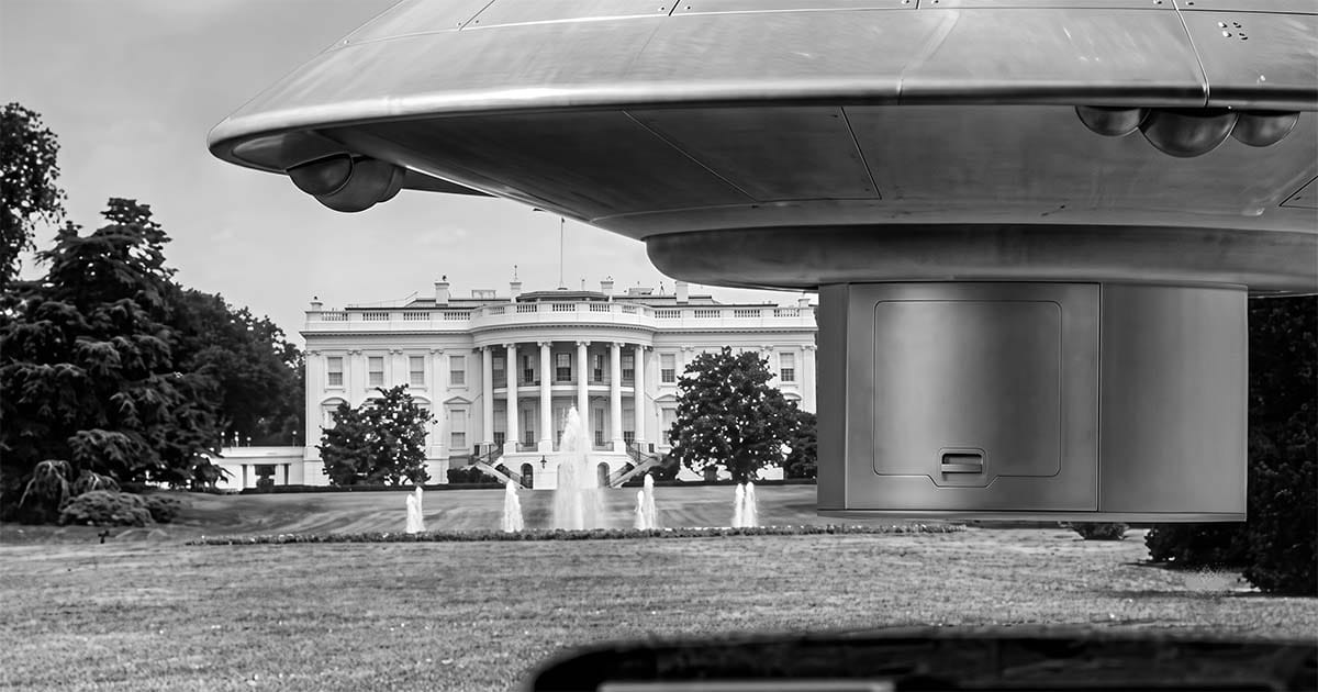 Flying saucer hovering near the White House in the 1956 science fiction film "Earth vs. the Flying Saucers"
