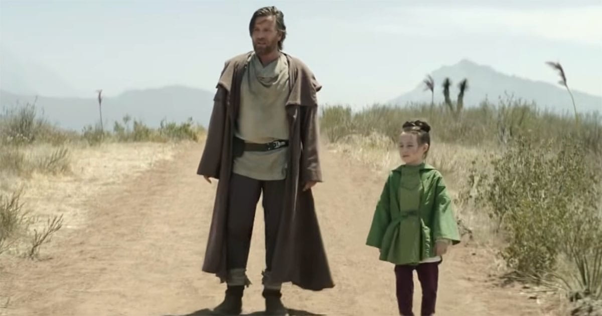 Obi-Wan Kenobi walks with young Princess Leia Organa in the Disney+ series "Obi-Wan Kenobi."