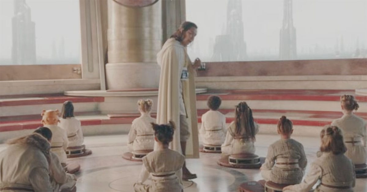 A Jedi instructor oversees younglings during a meditation lesson inside the Jedi Temple in "Star Wars."