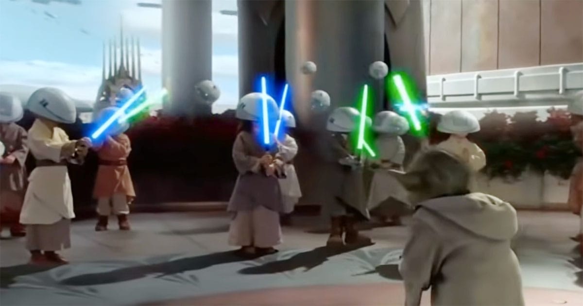 Yoda oversees Jedi younglings during lightsaber training at the Jedi Temple in "Star Wars."