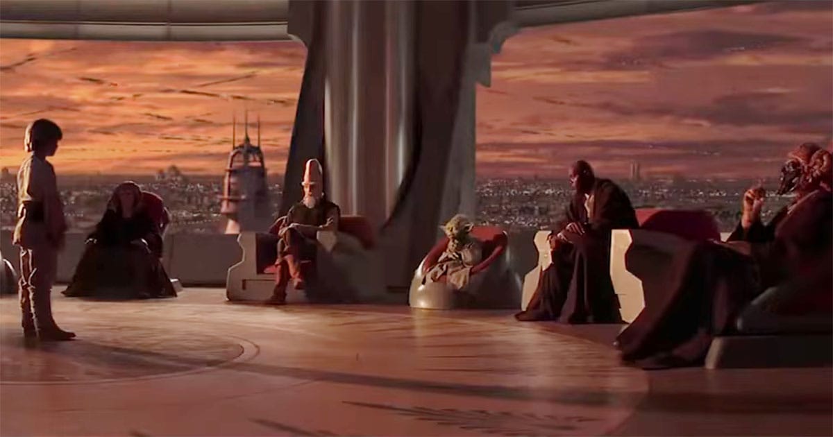 Young Anakin Skywalker stands before the Jedi Council in "Star Wars Episode I The Phantom Menace."