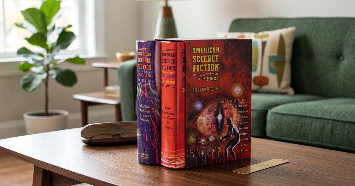 American Science Fiction Nine Classic Novels of the 1950s boxed set displayed on a coffee table in a reading room, featuring landmark science fiction novels from the genre's golden age.
