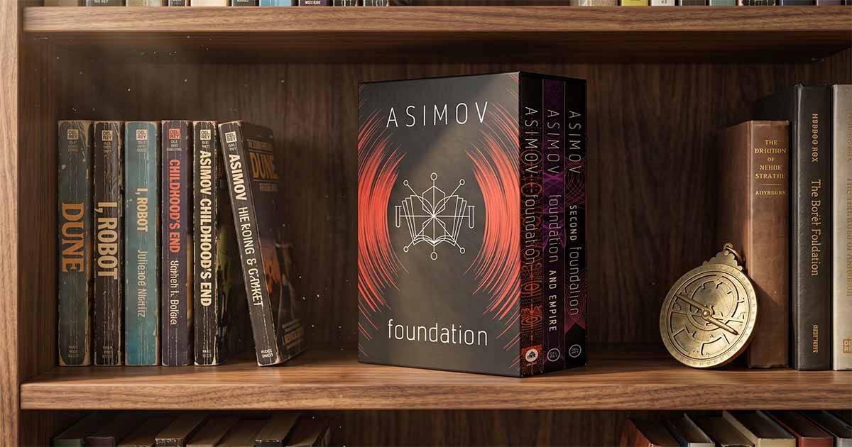 Isaac Asimov Foundation Trilogy boxed set displayed on a bookshelf alongside classic science fiction novels, featuring "Foundation," "Foundation and Empire," and "Second Foundation."