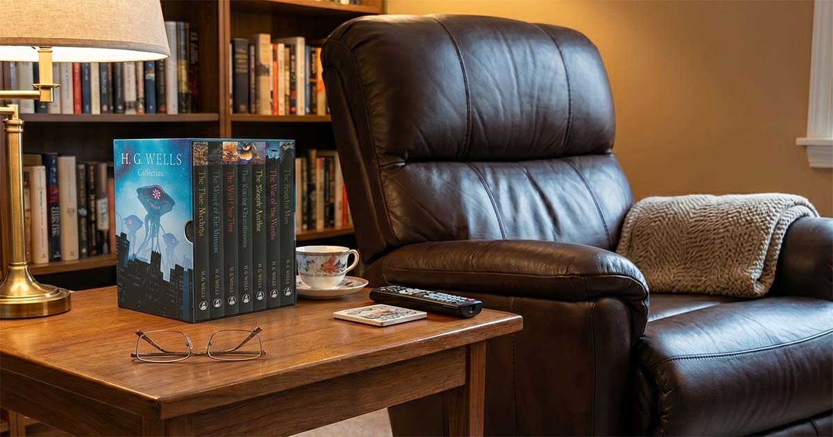 H. G. Wells Collection boxed set featuring classic novels including "The Time Machine," "The War of the Worlds," and "The Invisible Man" displayed beside a reading chair in a home library.