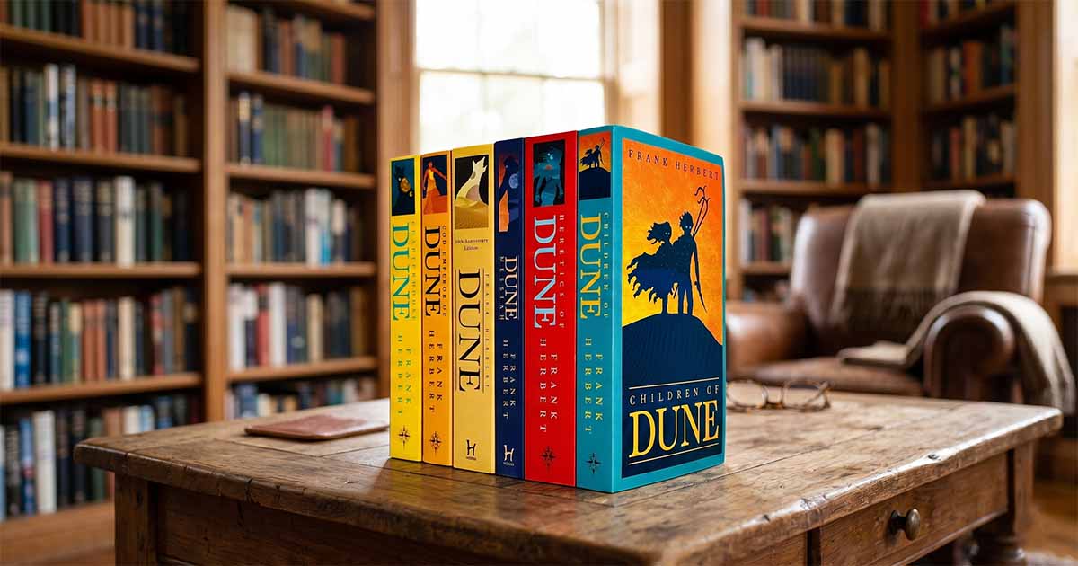 Frank Herbert's Dune six-book collection displayed on a wooden table in a library, featuring "Dune," "Dune Messiah," "Children of Dune," and the later novels in the series.