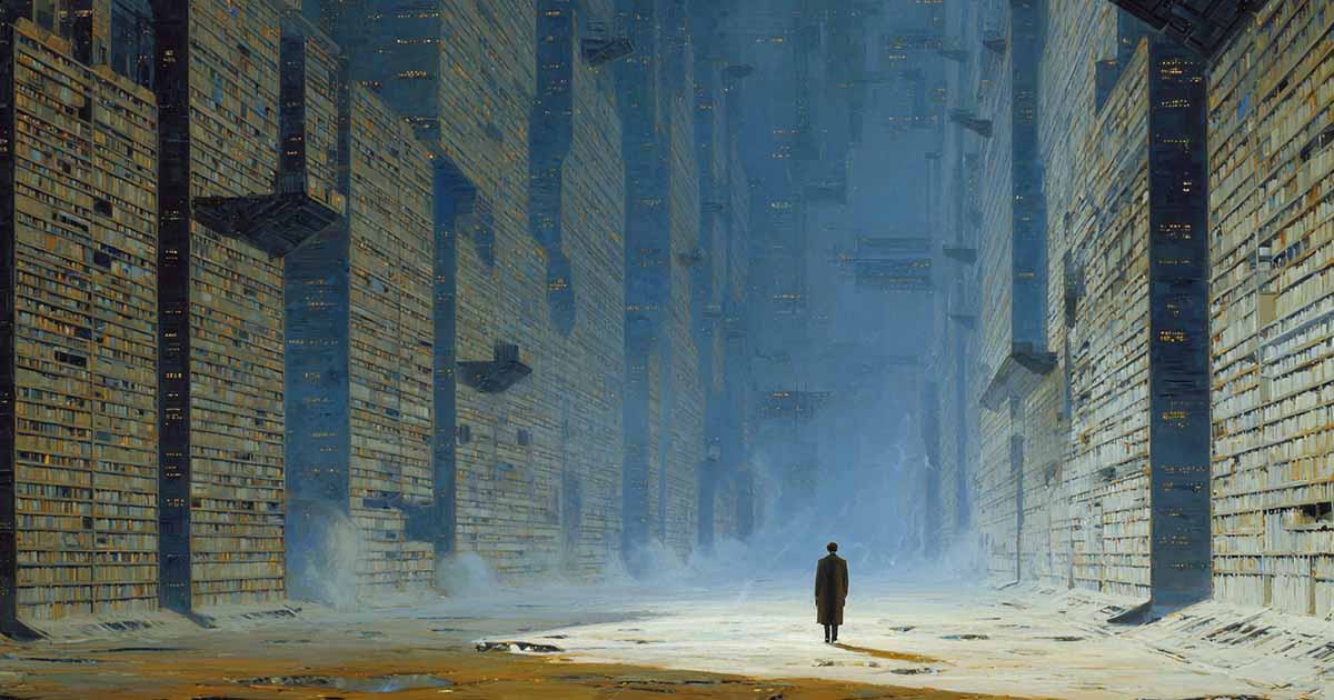 A lone figure walks through a vast futuristic archive lined with towering shelves of records and data, suggesting themes of memory, history, and information control.