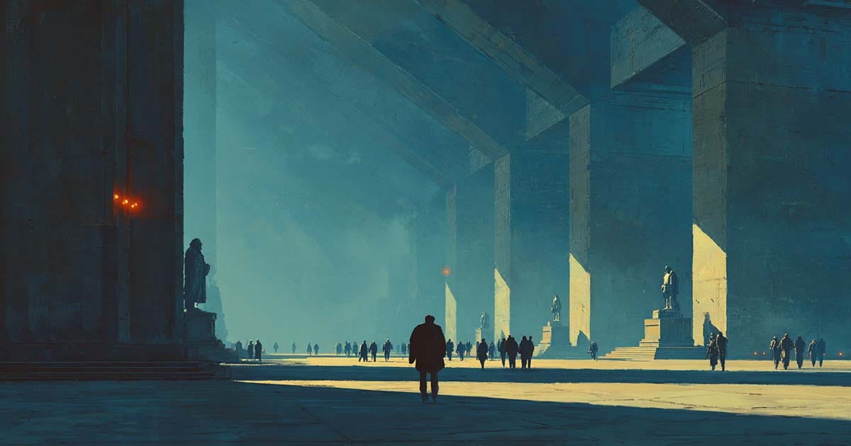 A lone figure walks through a vast futuristic government hall surrounded by monumental columns, statues, and distant crowds in a classic dystopian science fiction setting.