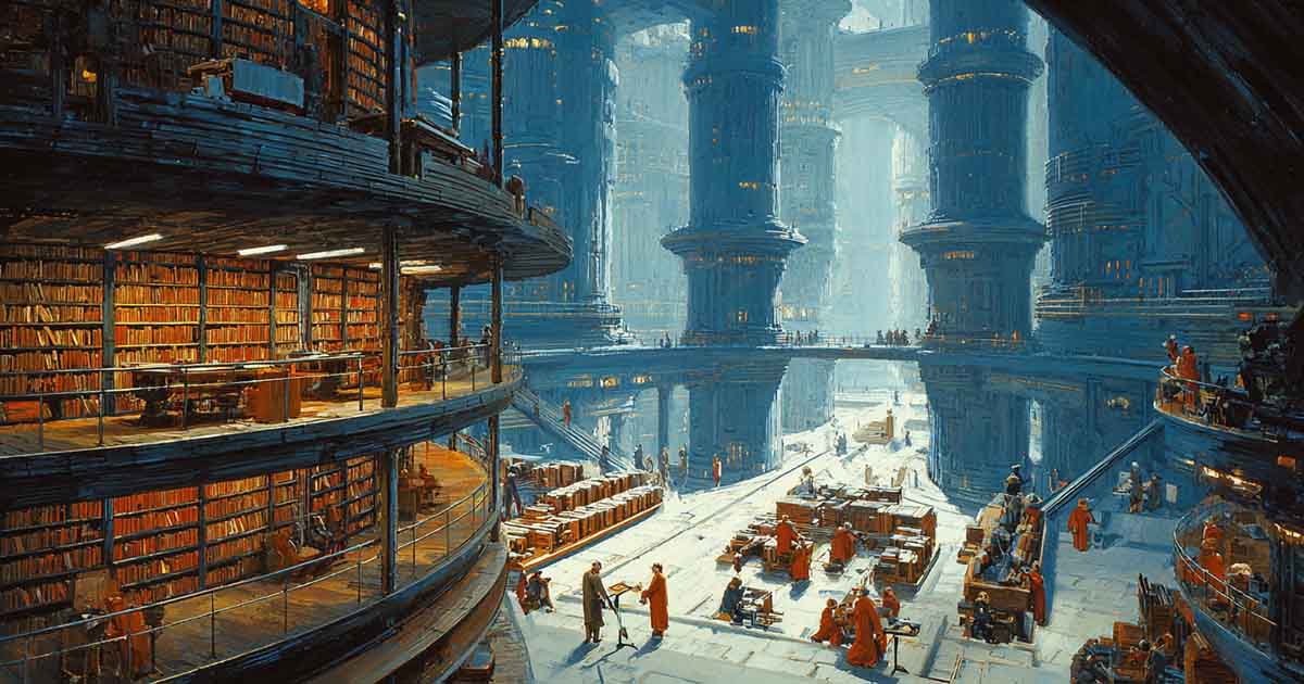A vast futuristic library and records complex filled with towering shelves, workers, and monumental architecture, suggesting themes of history, information, and institutional control.