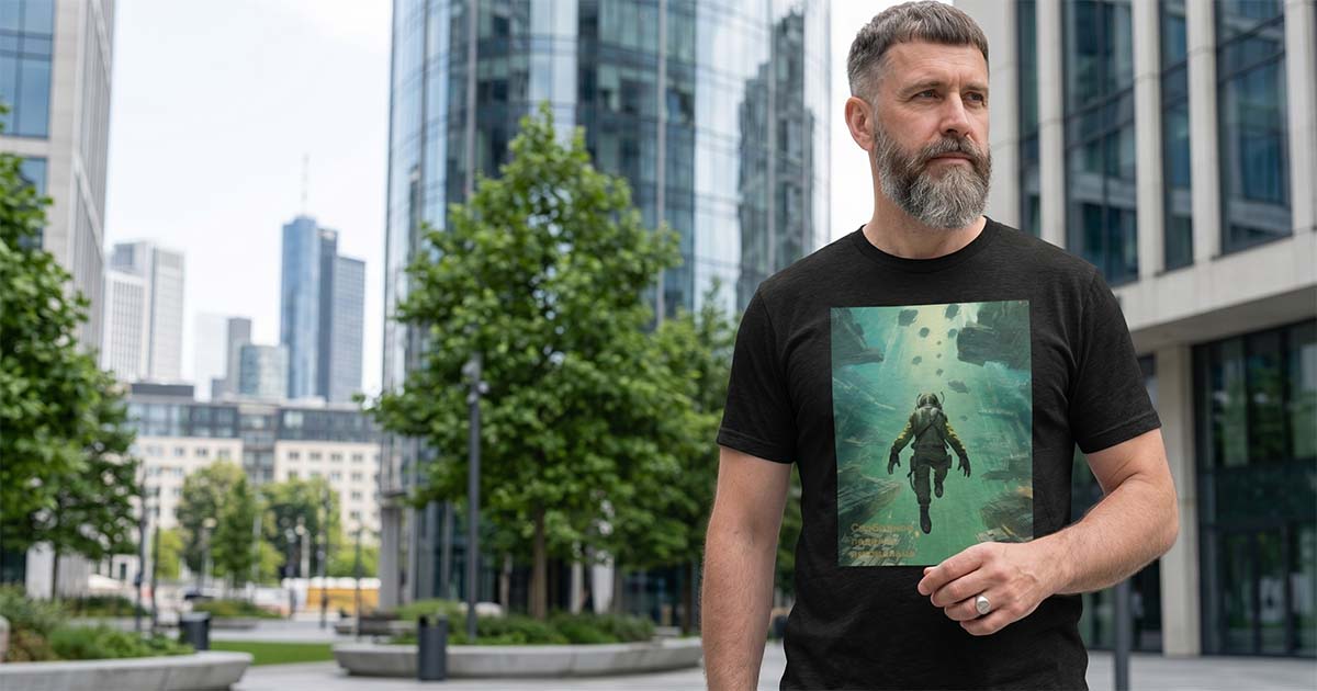Illustration of a soldier skydiving through the atmosphere of an alien planet, featured on the Alien Free Fall science fiction T-shirt.