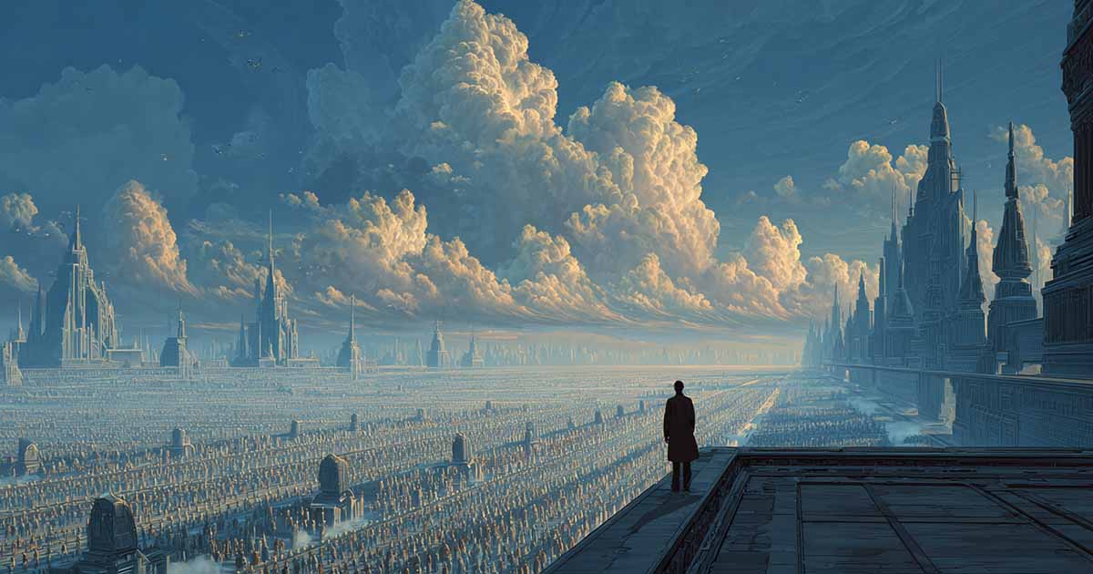 A lone figure overlooks a vast futuristic city filled with immense architecture and endless crowds in a classic dystopian science fiction landscape.