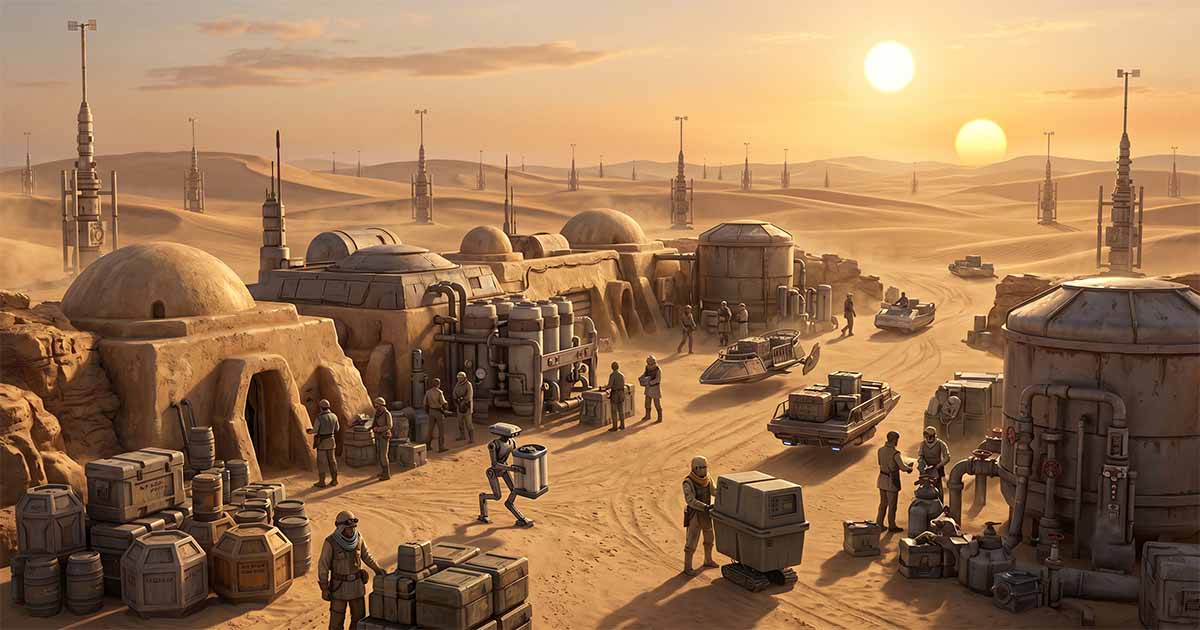 Busy moisture farm on Tatooine with workers, droids, cargo speeders, storage tanks, and moisture vaporators supporting the desert economy.