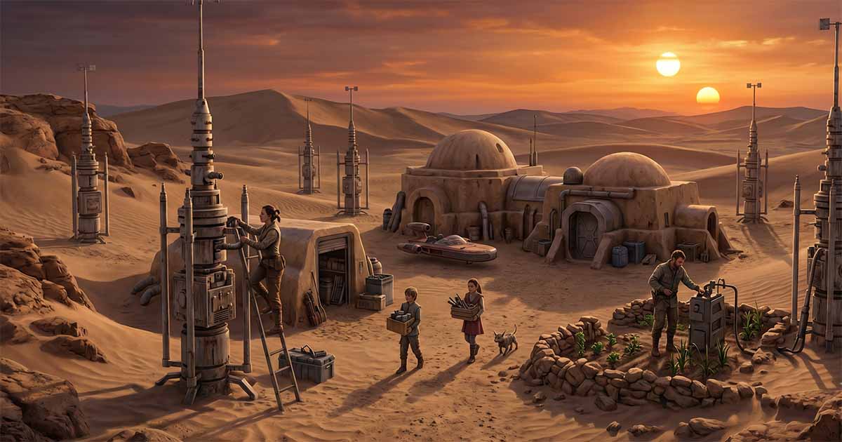 Family working at a remote Tatooine moisture farm with vaporators, desert homesteads, and a small garden beneath twin suns.