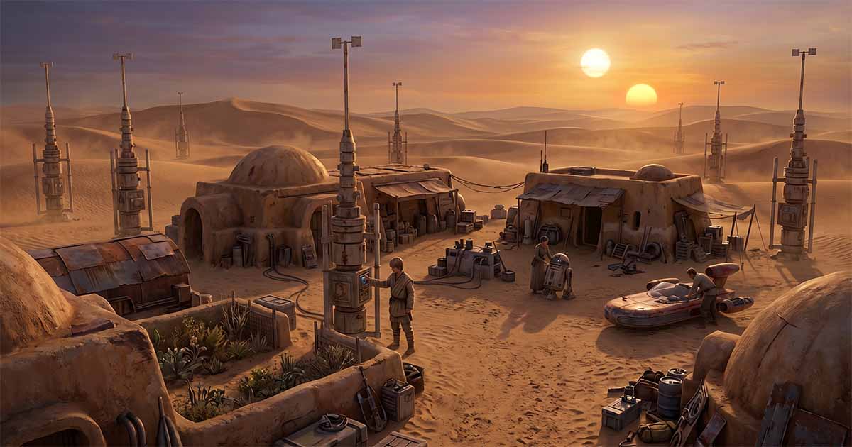 Lars-style moisture farm homestead on Tatooine with vaporators, a landspeeder, a utility droid, and a young farmhand performing daily maintenance.