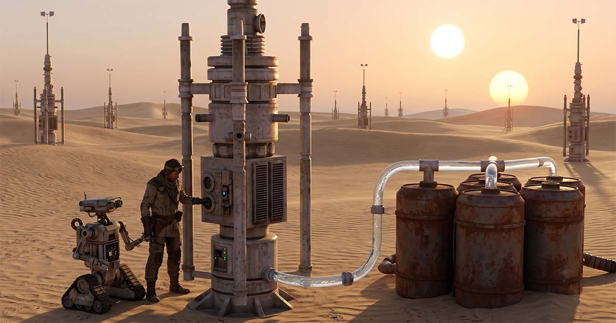 Moisture vaporator connected to water storage tanks while a farmer and utility droid perform maintenance in the Tatooine desert.