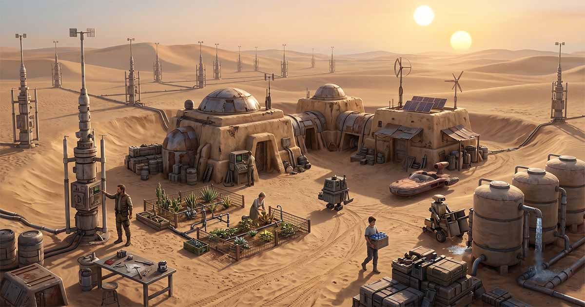 Thriving Tatooine moisture farm with vaporators, gardens, water storage tanks, droids, and homesteads supporting life in the desert.