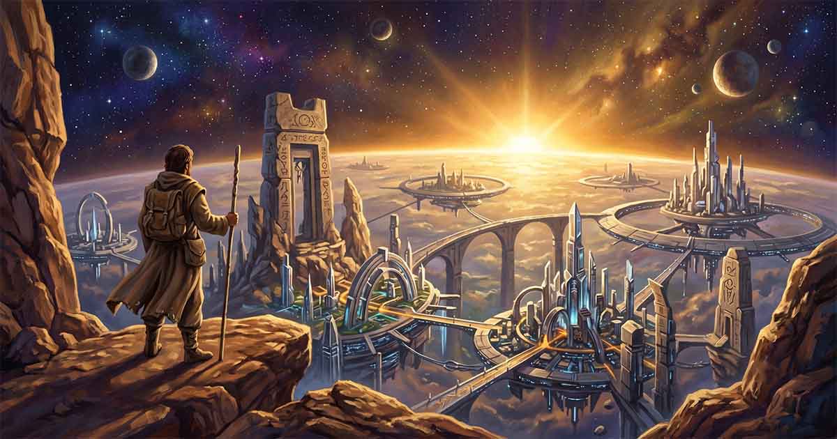 Illustration of a lone traveler standing on a rocky overlook above a futuristic city of elevated structures and bridges, watching a sunrise beneath a star-filled sky.