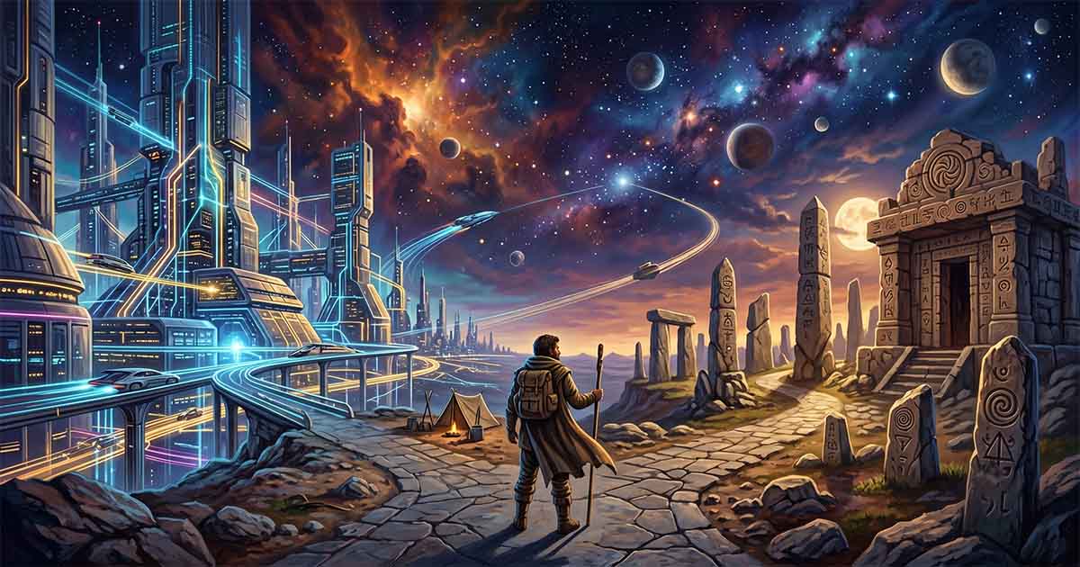Illustration of a lone traveler standing between a futuristic city filled with glowing transit networks and an ancient stone temple beneath a star-filled sky.