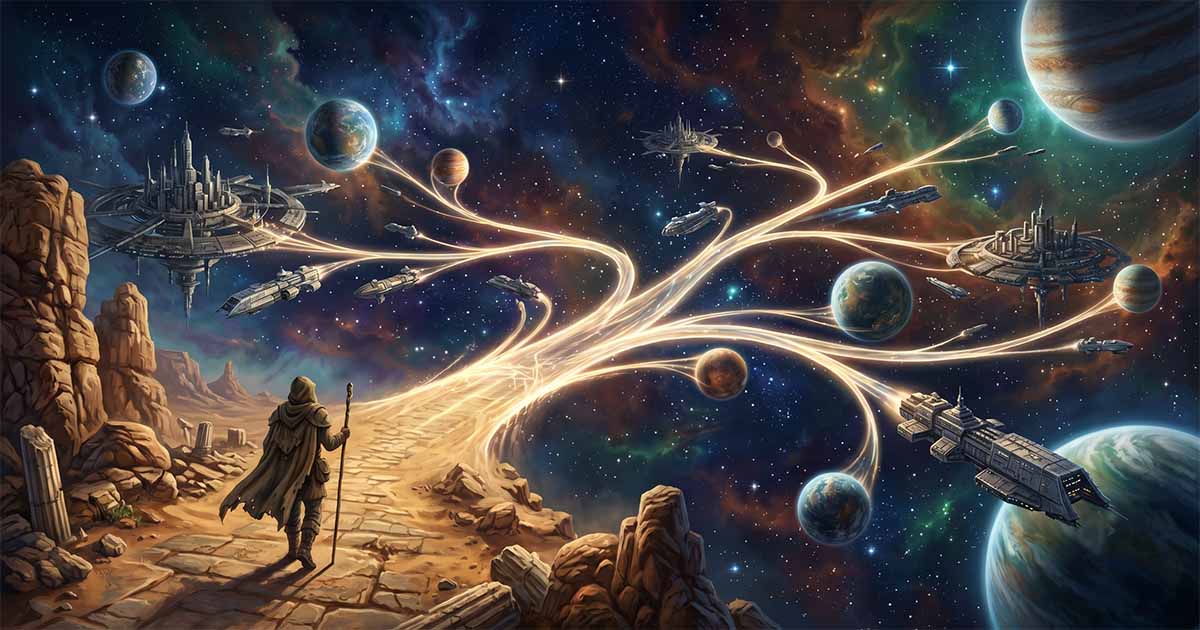 Illustration of a lone traveler walking along a desert road that transforms into glowing interstellar pathways connecting planets, orbital cities, and spacecraft across space.