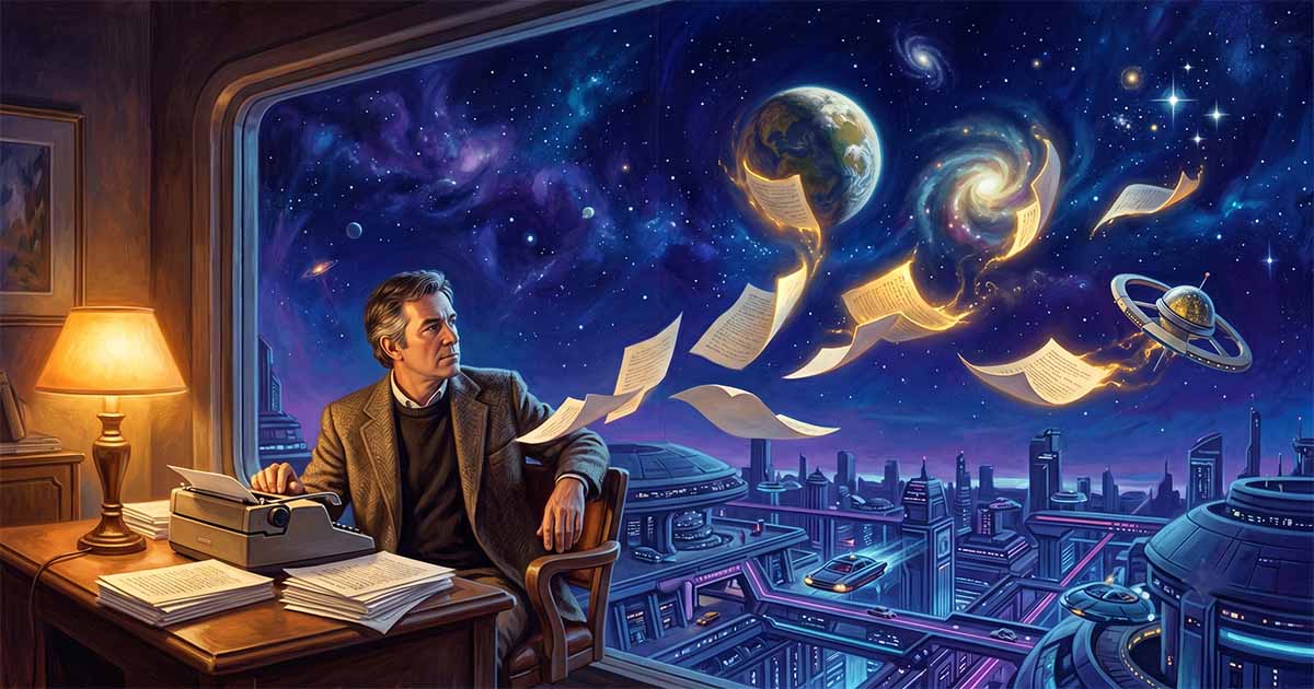 Illustration of a writer seated at a desk overlooking a futuristic city while manuscript pages transform into planets, stars, and galaxies in the night sky.