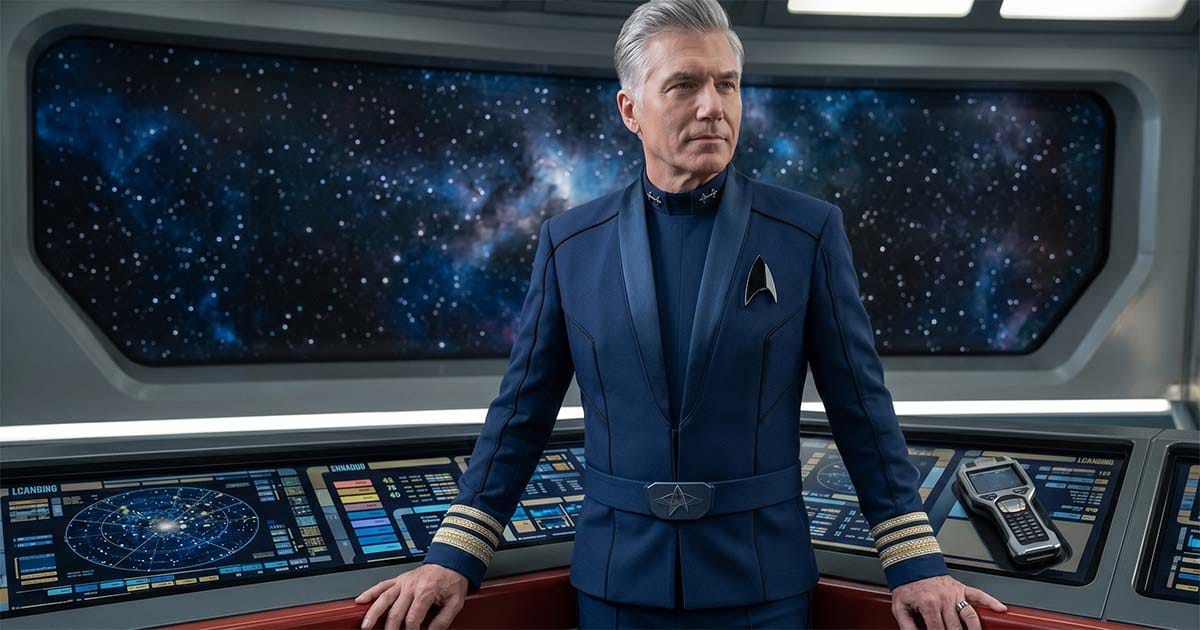 Starfleet captain in a blue command uniform wearing a delta ComBadge while standing on the bridge of a futuristic starship with stars visible through the main viewscreen.