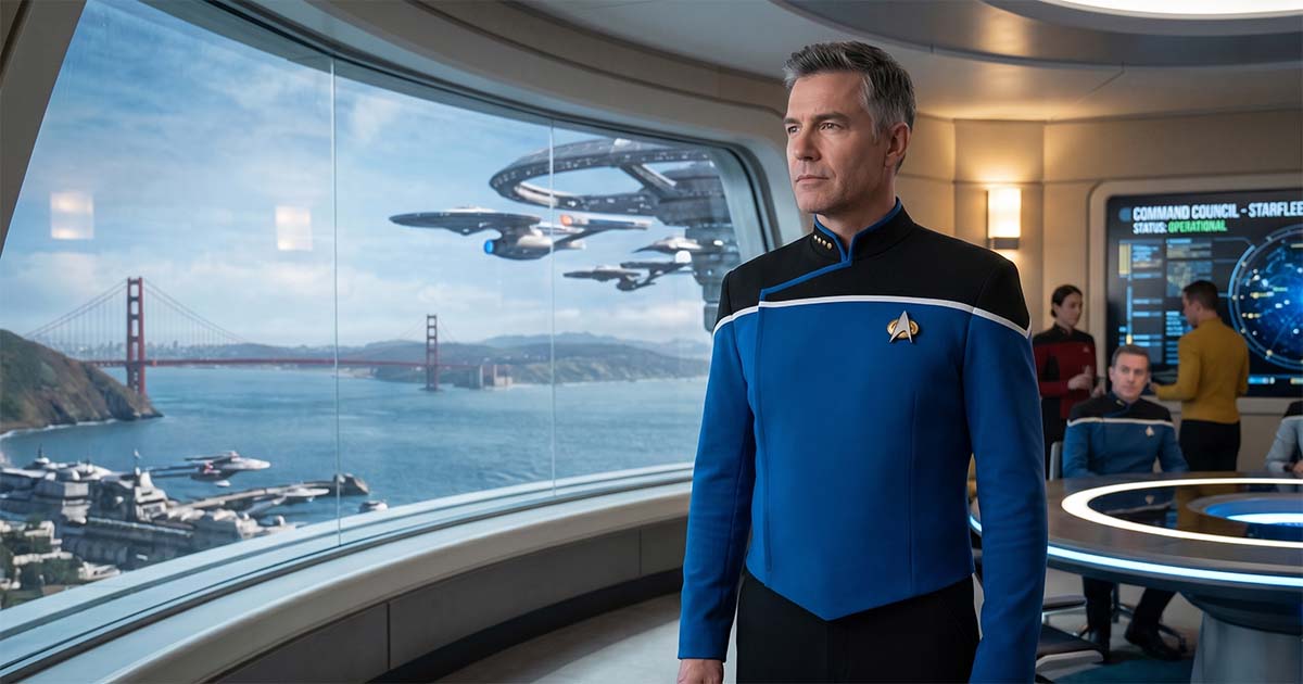 Man wearing a blue Starfleet-style science fiction uniform inside a futuristic command center with starships visible through a large window overlooking San Francisco.
