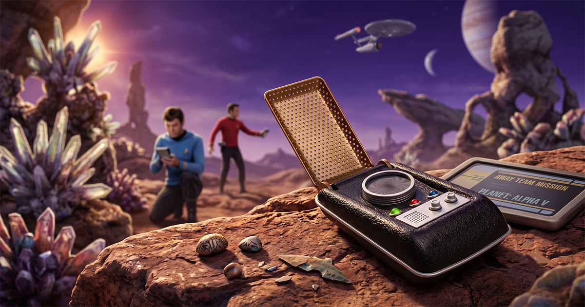 Classic flip-open Star Trek communicator resting on an alien landscape while Starfleet officers survey strange crystals and rock formations beneath a distant starship.