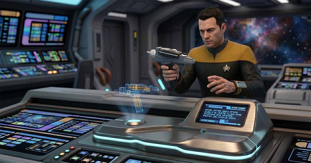 Starfleet officer in a gold uniform examining a futuristic phaser on a starship bridge with holographic schematics and advanced control consoles.