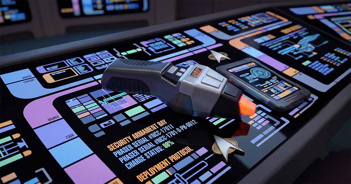 Classic Star Trek phaser resting on a futuristic starship control console beside a communicator and Starfleet insignia with illuminated displays in the background.