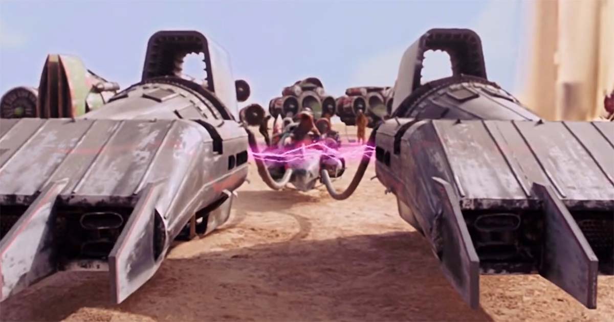 Two parked podracer engines frame another racer in the distance, highlighting the unique twin-engine design used in pod racing.