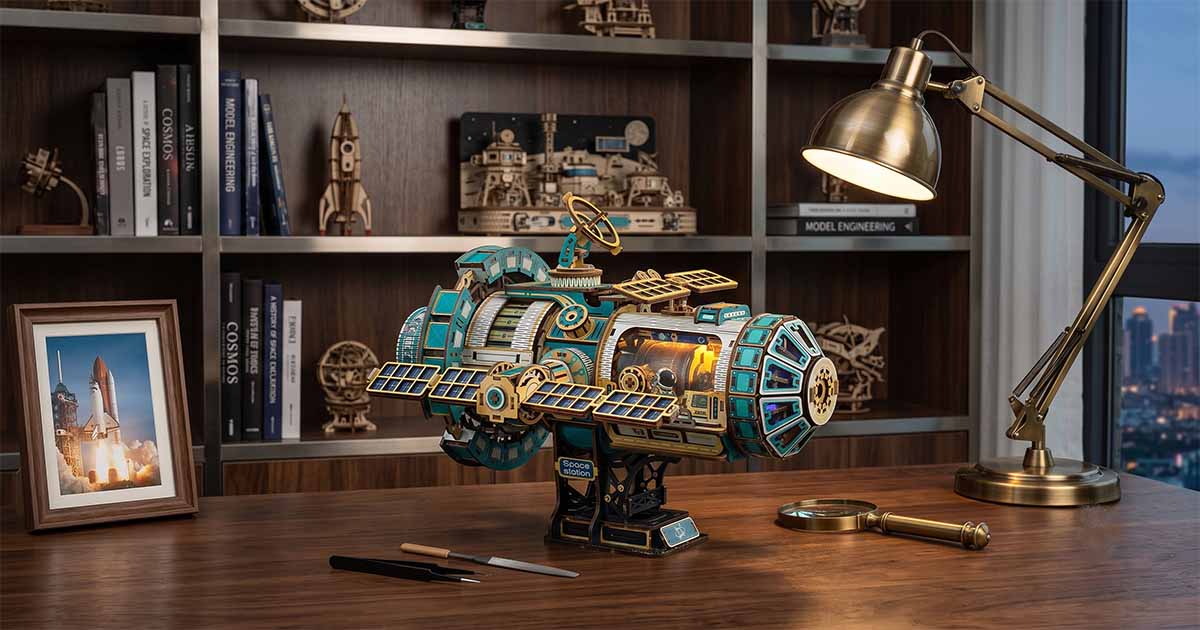Wooden space station puzzle with illuminated interior displayed on a desk with science books.