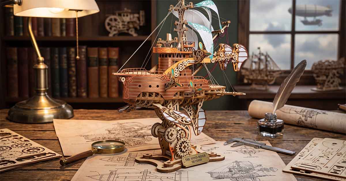 Steampunk wooden skyship puzzle displayed on a workbench with engineering sketches and tools.