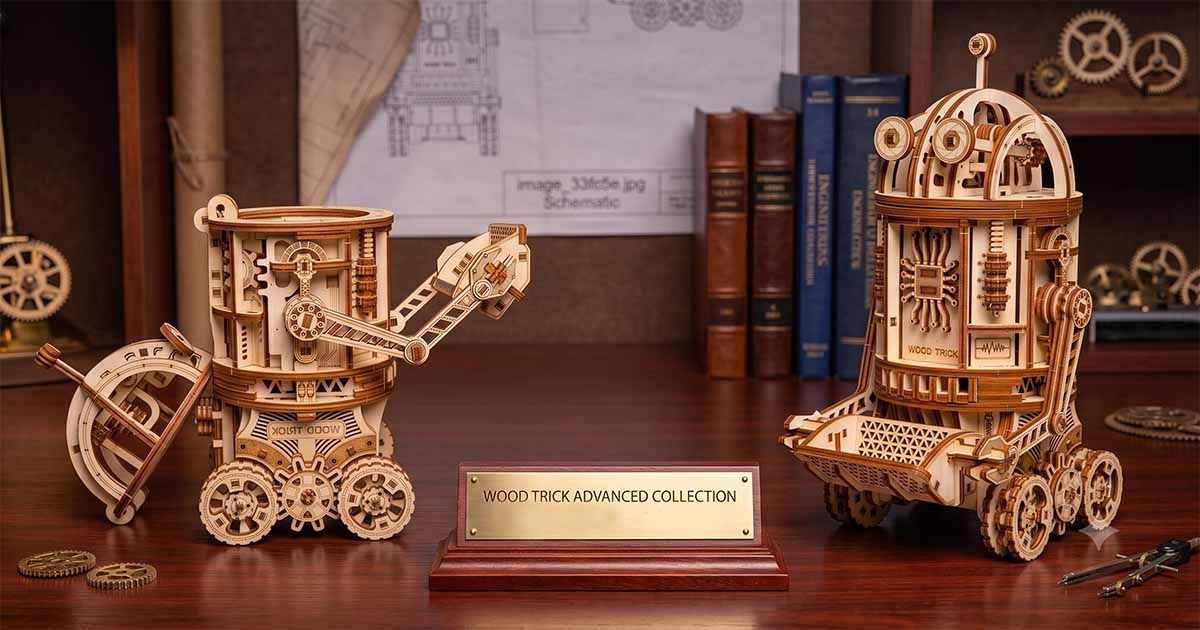 Wood Trick mechanical space rover wooden puzzle models displayed with gears and engineering drawings.