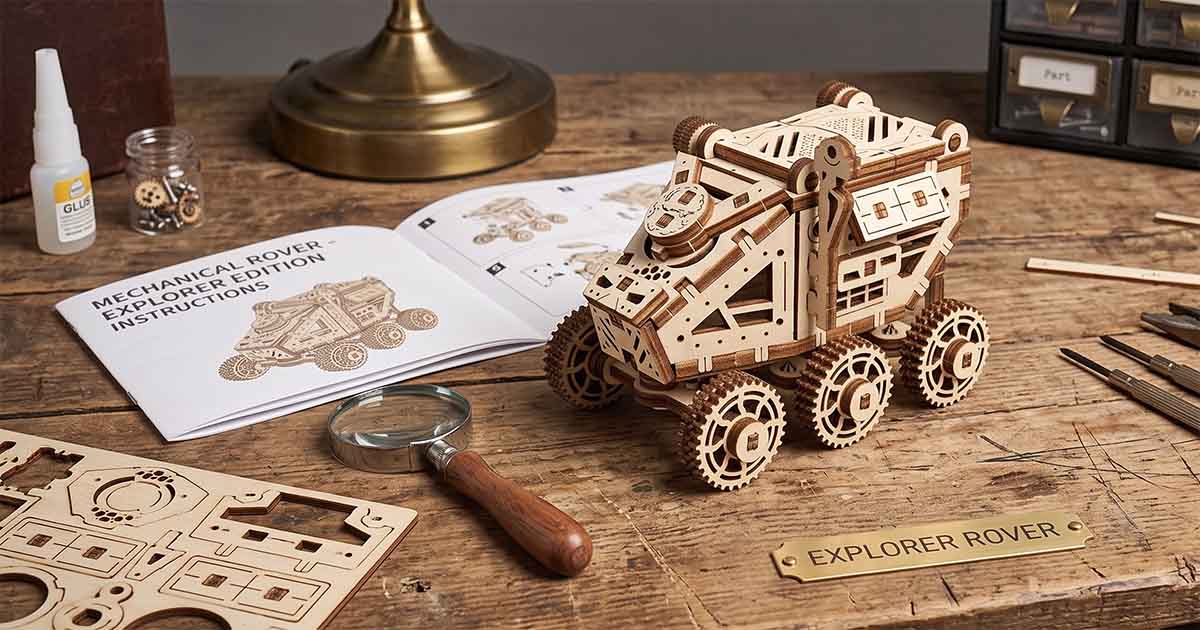 Wooden Mars rover puzzle displayed on a workbench with assembly instructions and tools.