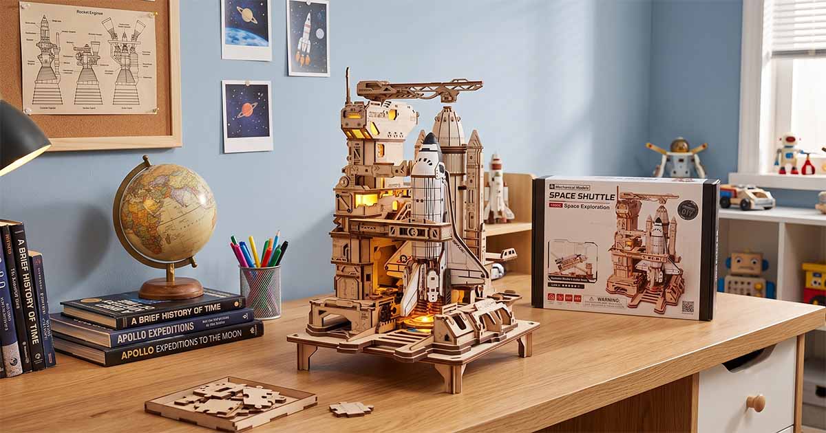 Wooden space shuttle launch pad puzzle with illuminated tower displayed on a desktop.