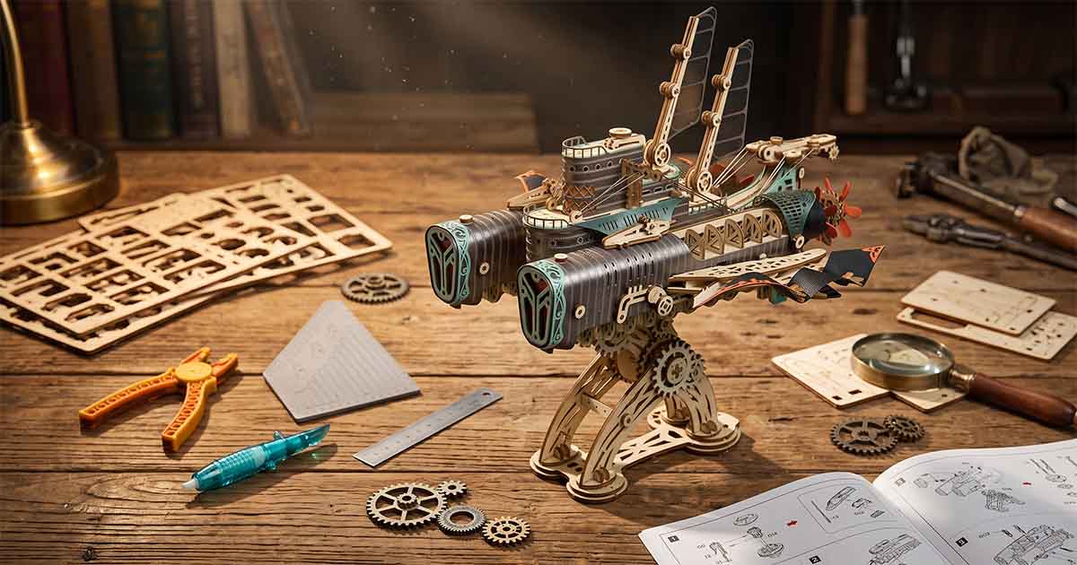 Aetheria steampunk wooden spaceship puzzle assembled on a workbench with tools and instructions.