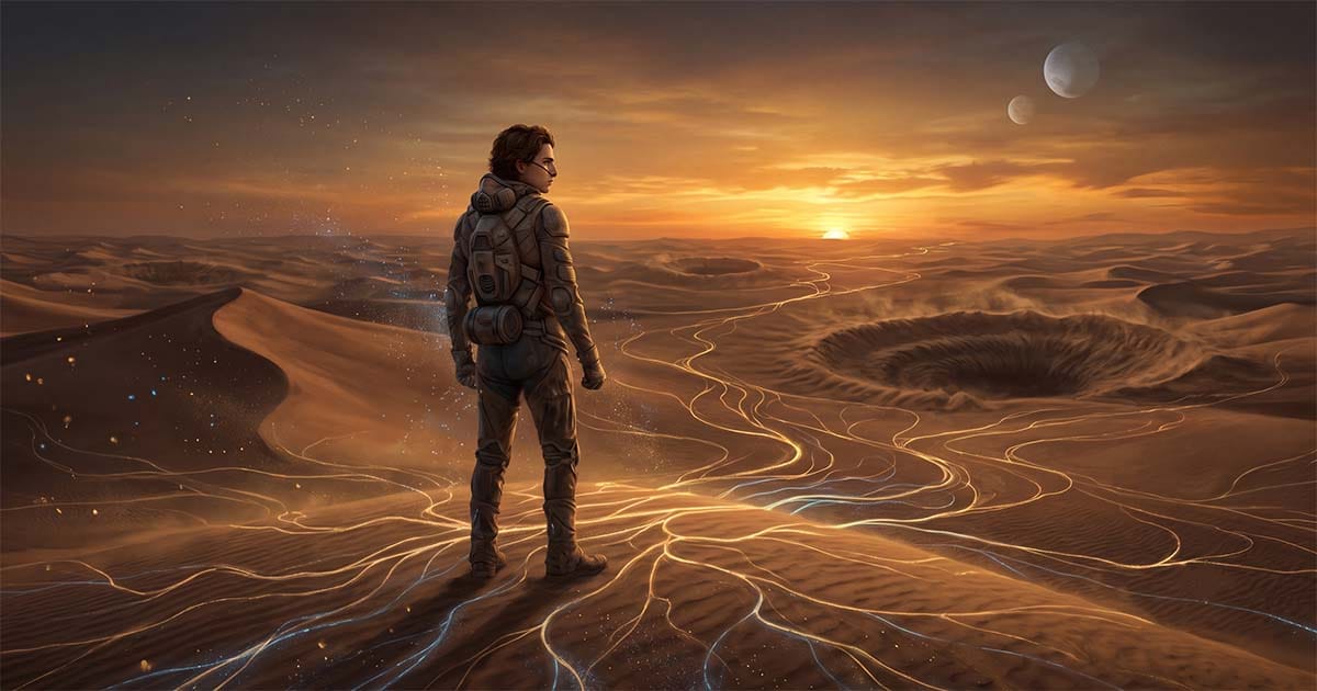 Paul Atreides stands on the dunes of Arrakis as glowing paths branch across the desert, symbolizing the many futures revealed through prescience.