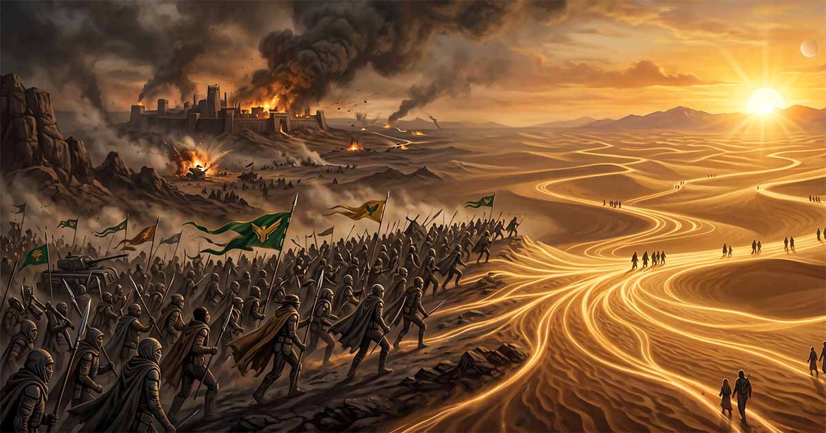 A symbolic split scene shows Fremen armies advancing through war on one side while peaceful travelers follow glowing paths across Arrakis on the other, contrasting Paul's jihad with the Golden Path.