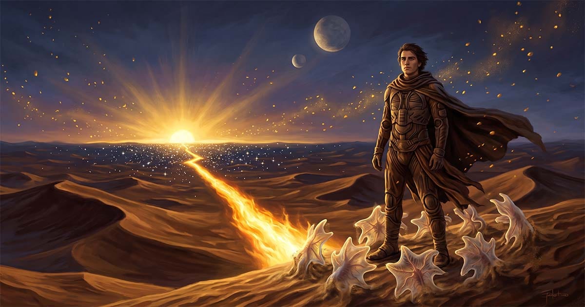 Leto II Atreides stands on the dunes of Arrakis as the Golden Path stretches toward the horizon while sandtrout emerge from the sand around him, symbolizing the sacrifice that begins his transformation.