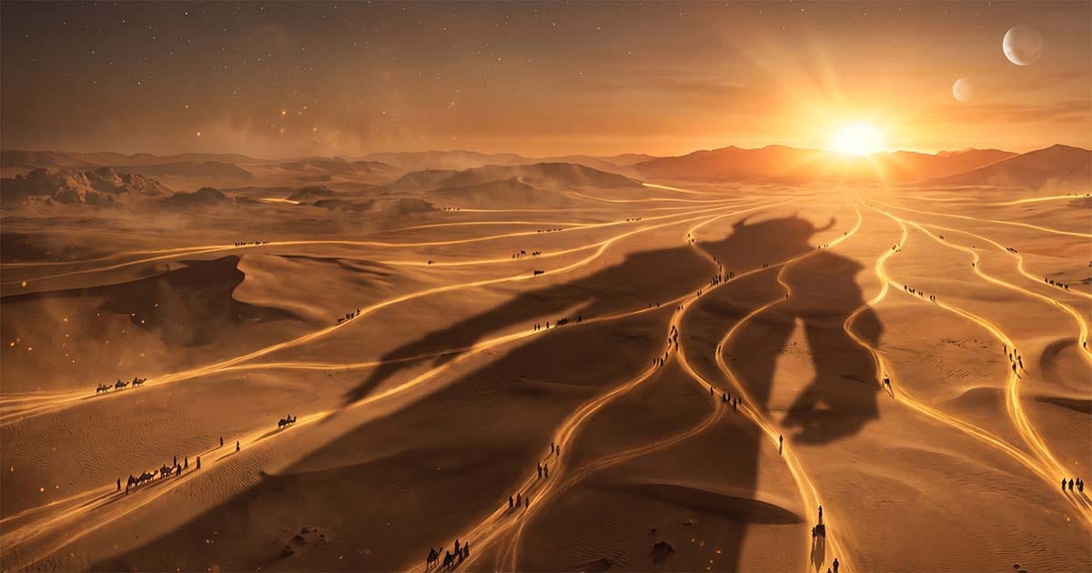 A colossal shadow stretches across the deserts of Arrakis as countless travelers follow glowing paths beneath a rising sun, symbolizing the Golden Path and humanity's future.