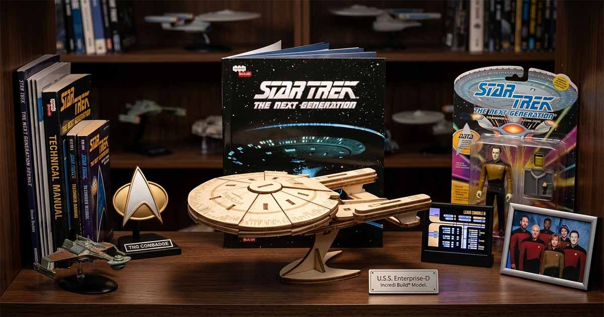 Wooden USS Enterprise NCC-1701-D puzzle displayed with "Star Trek The Next Generation" collectibles and books.