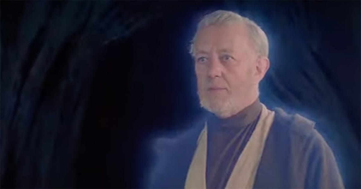 Close-up of Obi-Wan Kenobi as a Force ghost in "Star Wars."