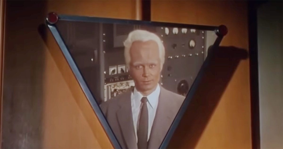 Exeter appears on the triangular Interocitor communication screen in This Island Earth (1955), inviting Cal Meacham into a mysterious interstellar mission.