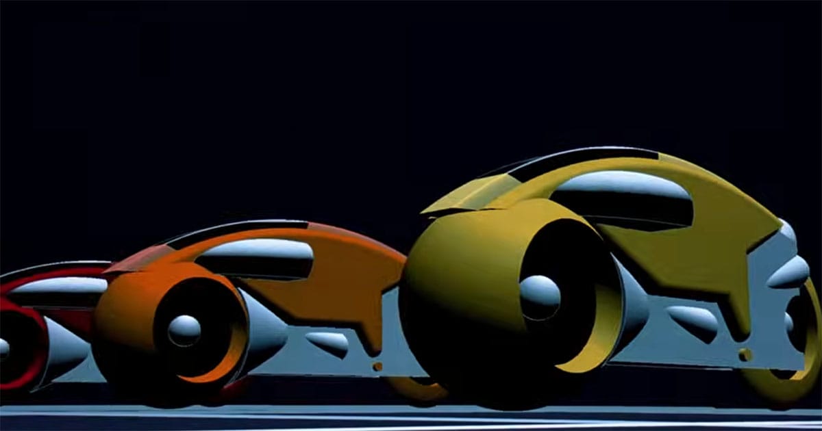 Three light cycles line up on the Grid in the 1982 science fiction film "TRON."