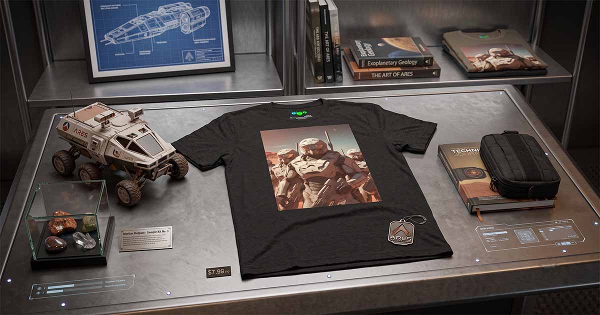 Illustrated "Troopers on Mars" science fiction T-shirt featuring futuristic soldiers in a Martian landscape with retro space art styling.