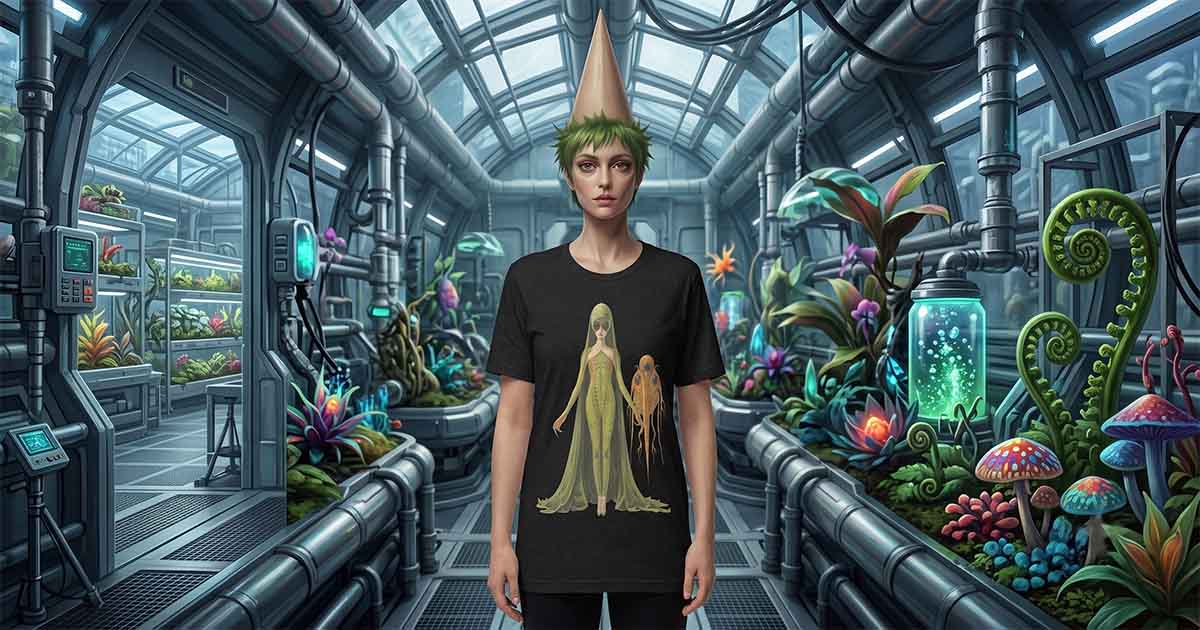 Model wearing a black T-shirt featuring a green alien woman and her mysterious extraterrestrial companion while standing inside a futuristic greenhouse filled with exotic alien plants.