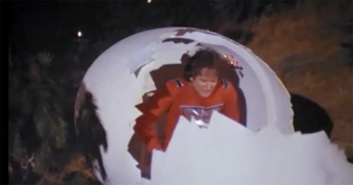 Mork emerges from his egg-shaped spacecraft after arriving on Earth in "Mork & Mindy."