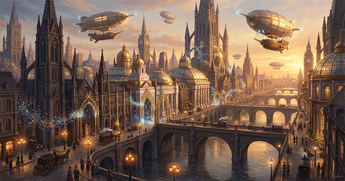 A Neo-Victorian city with Gothic towers, domed buildings, airships, stone bridges, and glowing nanotechnology woven throughout the skyline.