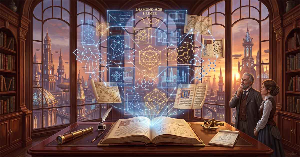 An open book projects holographic scientific diagrams and architectural drawings as two scholars overlook a futuristic Neo-Victorian city.