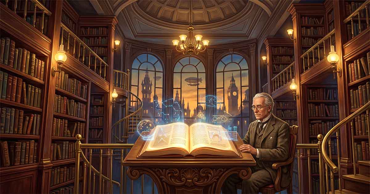 A reader studies an illuminated book in a grand library overlooking a Neo-Victorian city as subtle holographic designs float above the pages.