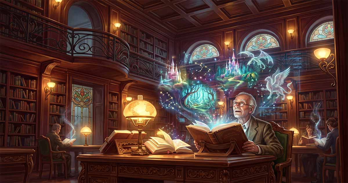 An elderly man reads an illuminated book in a grand library as glowing fantasy scenes emerge from its pages.
